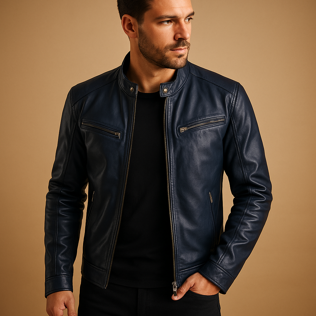 Men’s mid-season jacket with a sleek synthetic finish, ideal for casual or formal wear in transitional seasons.