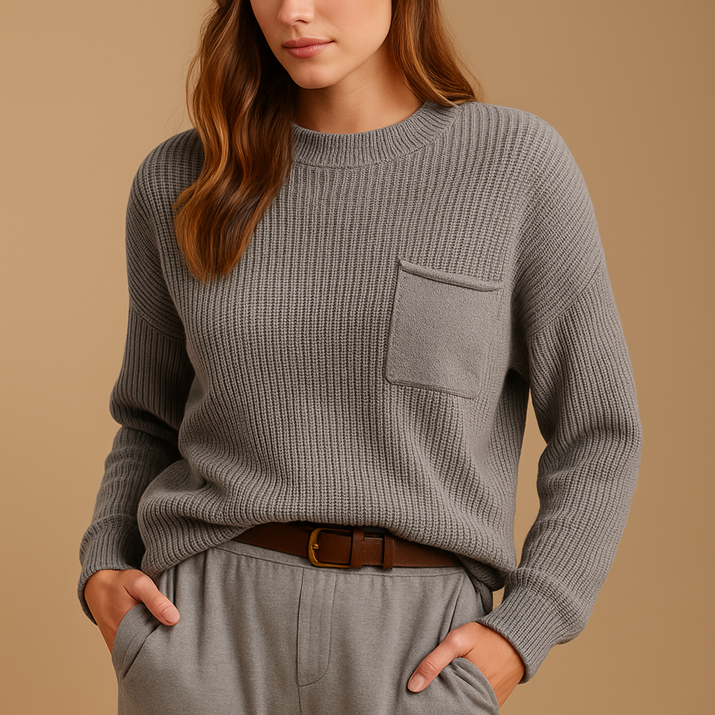 Minimalist knit sweater for women with relaxed fit and sleek silhouette, perfect for pairing with jeans or blouses for casual and office looks.