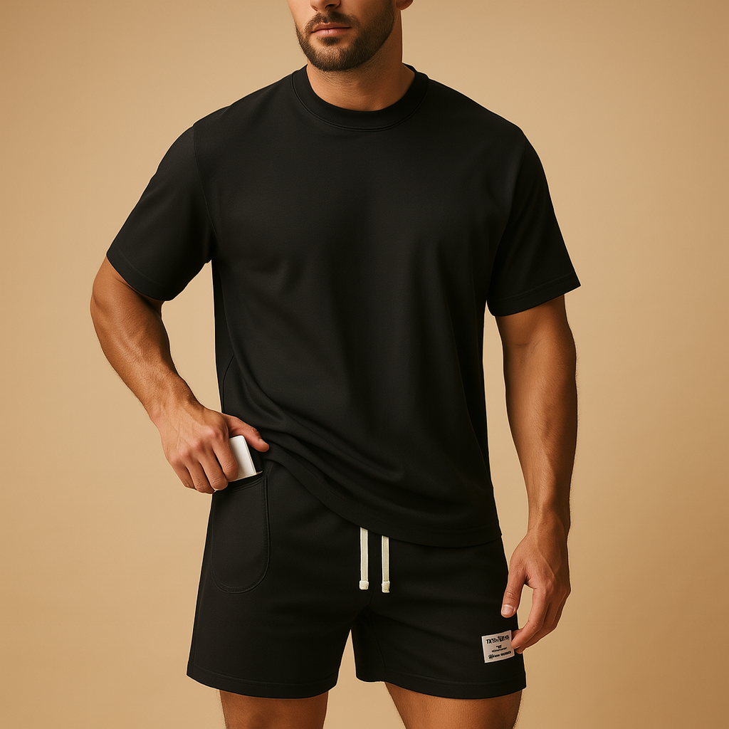 Minimalist summer set for men with matching T-shirt and shorts, ideal for casual wear, lounging, or warm summer days.