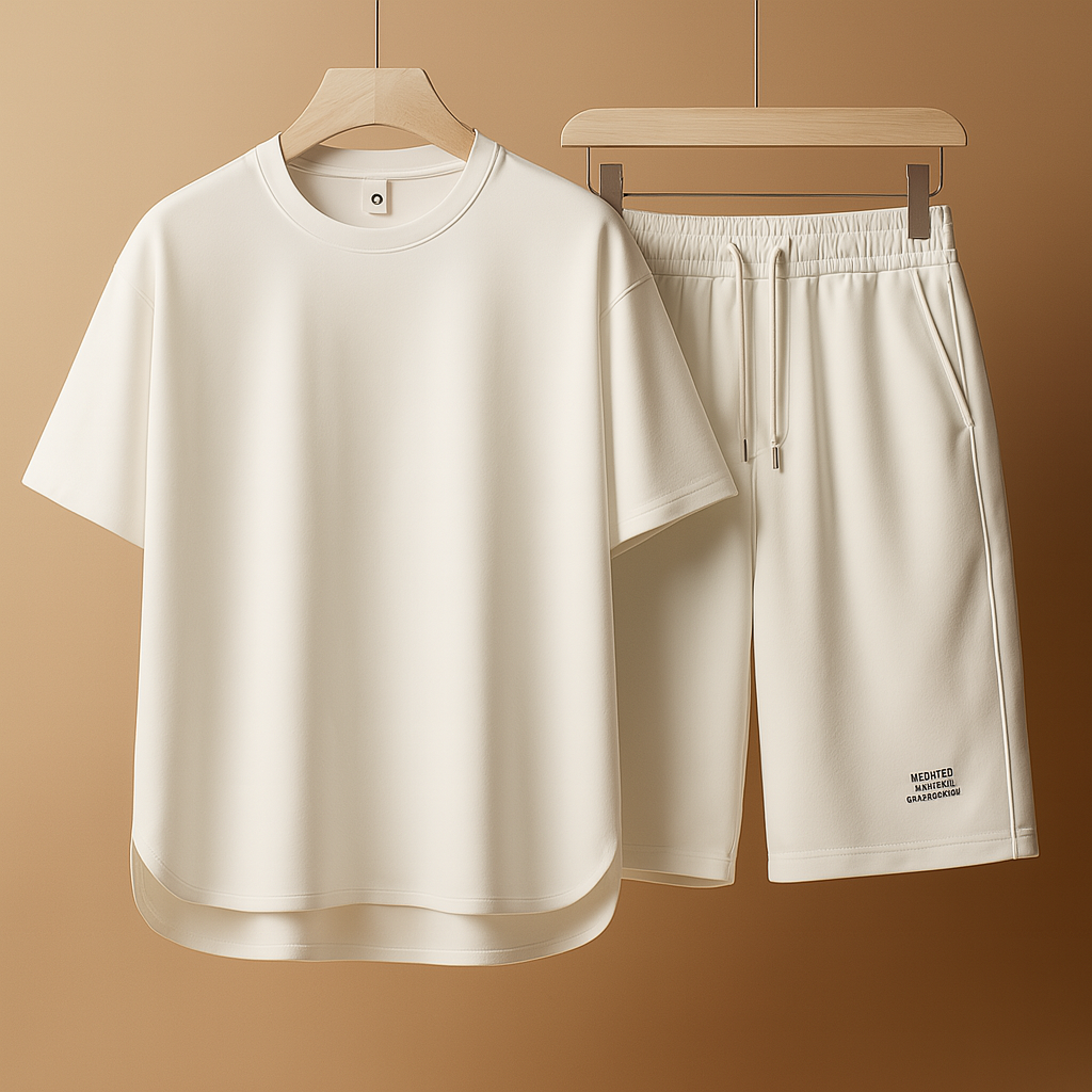 Minimalist summer set for men with matching T-shirt and shorts, ideal for casual wear, lounging, or warm summer days.