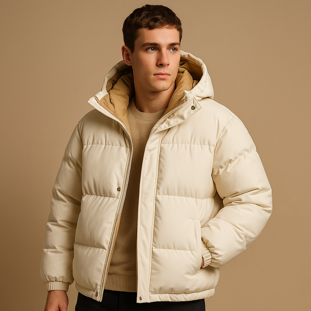 Men’s modern puffer jacket with hood and insulation, designed for warmth, comfort, and protection during cold and windy days.