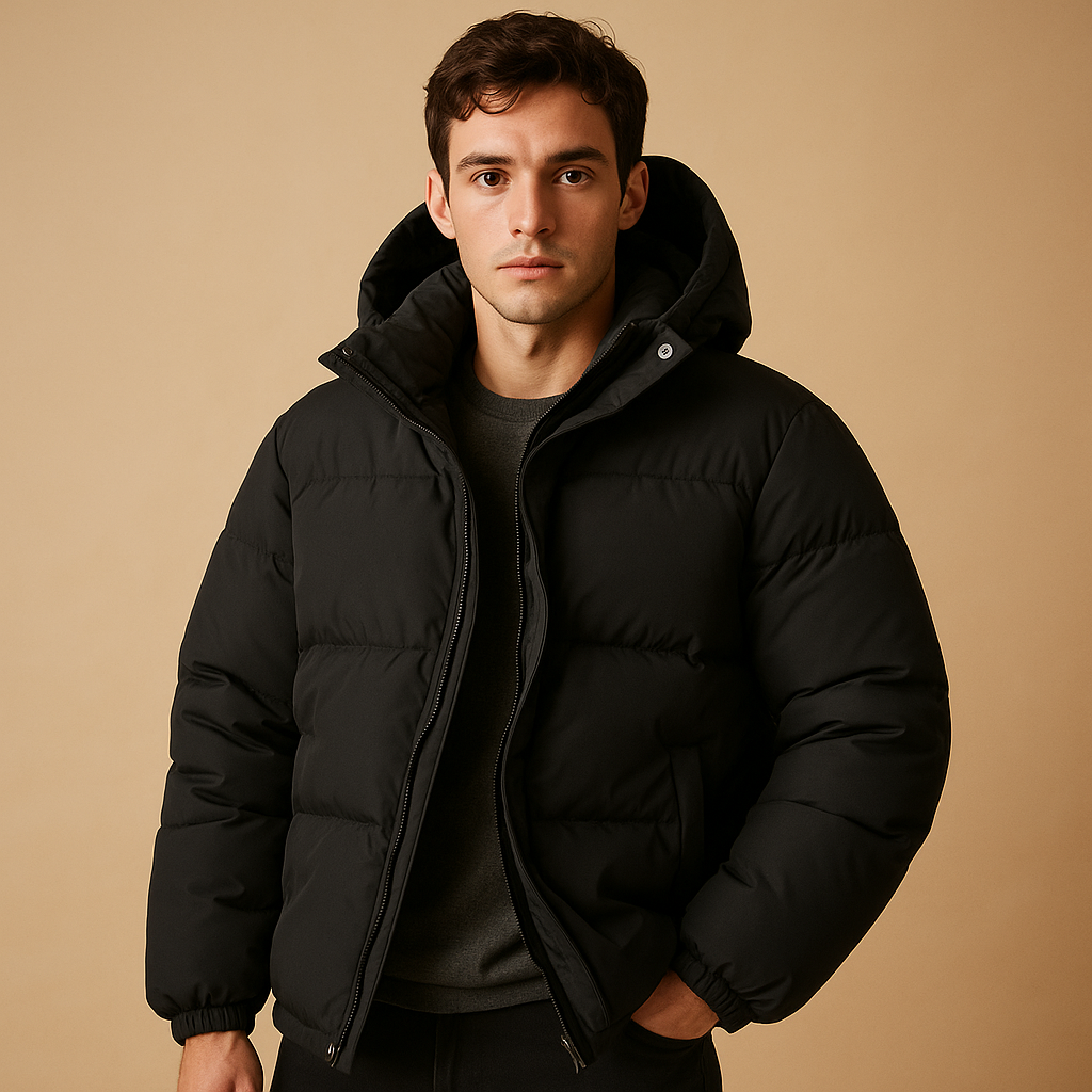 Men’s modern puffer jacket with hood and insulation, designed for warmth, comfort, and protection during cold and windy days.