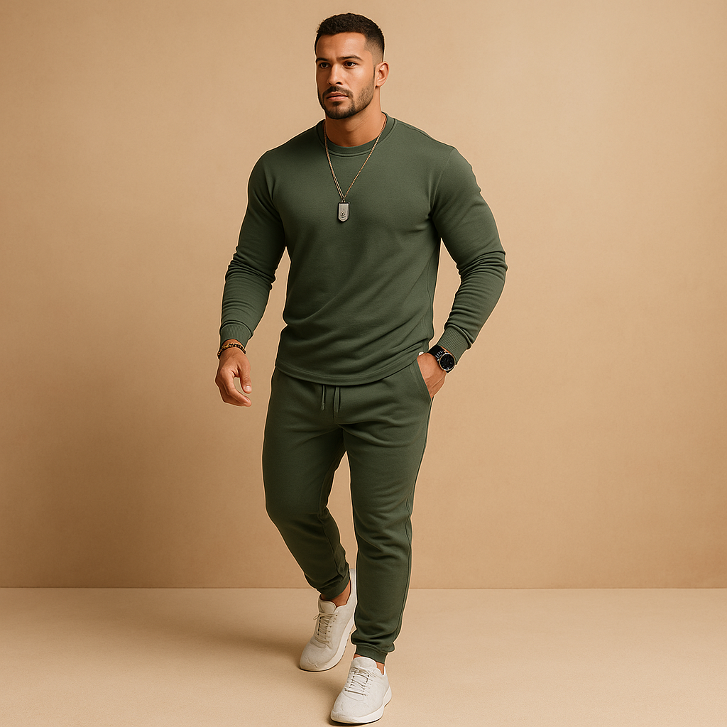 Modern slim fit tracksuit for men with sweatshirt and jogger pants, perfect for streetwear, casual outings, or relaxing at home.