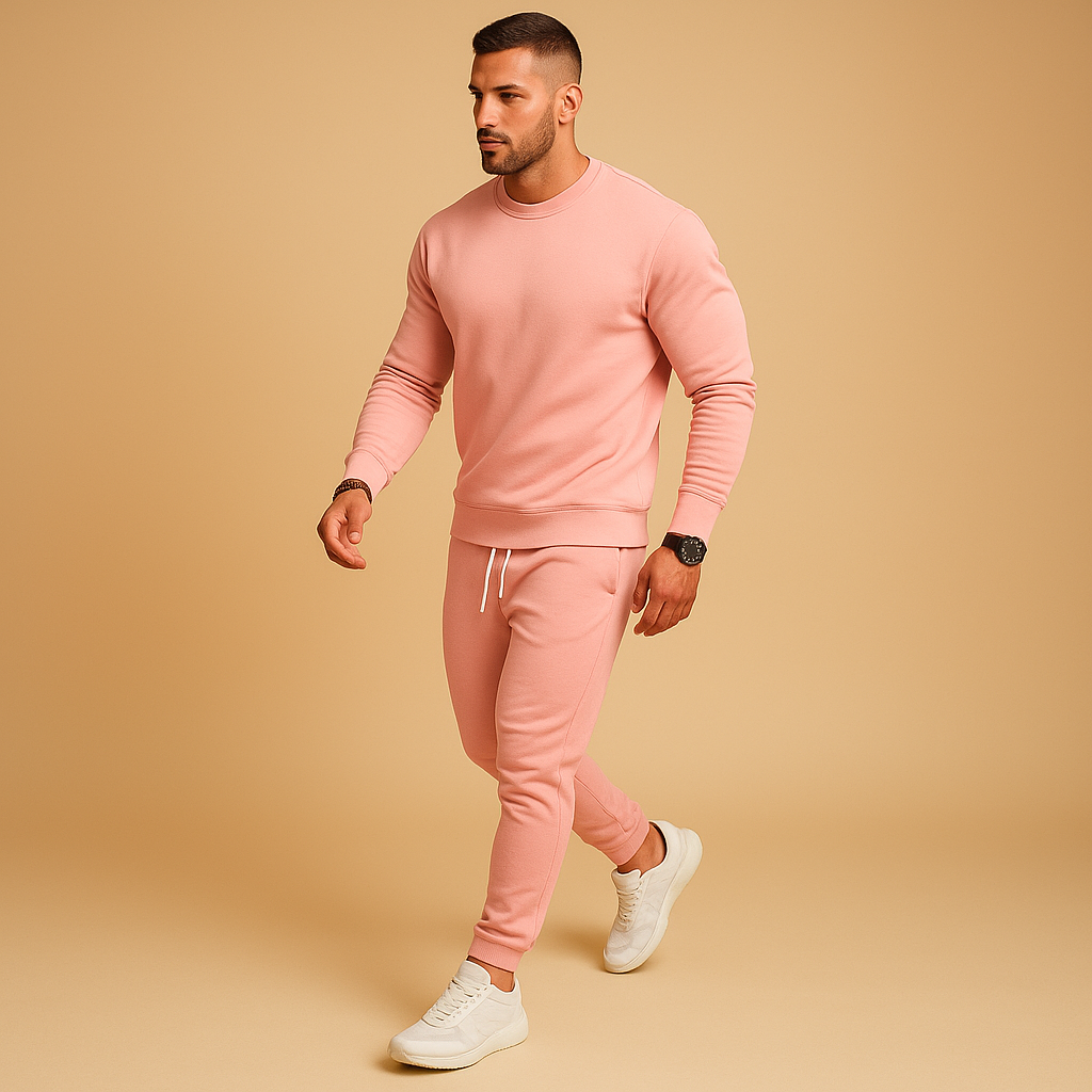 Modern slim fit tracksuit for men with sweatshirt and jogger pants, perfect for streetwear, casual outings, or relaxing at home.