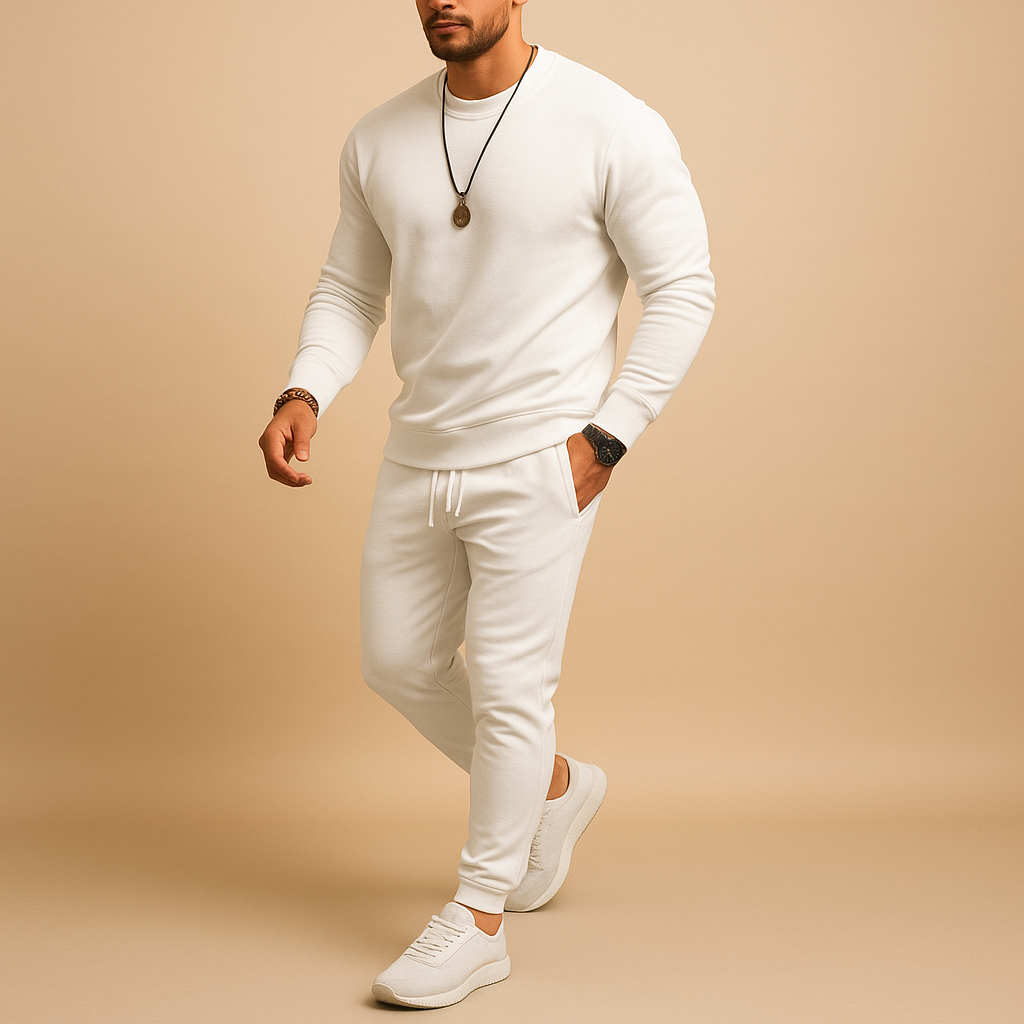 Modern slim fit tracksuit for men with sweatshirt and jogger pants, perfect for streetwear, casual outings, or relaxing at home.