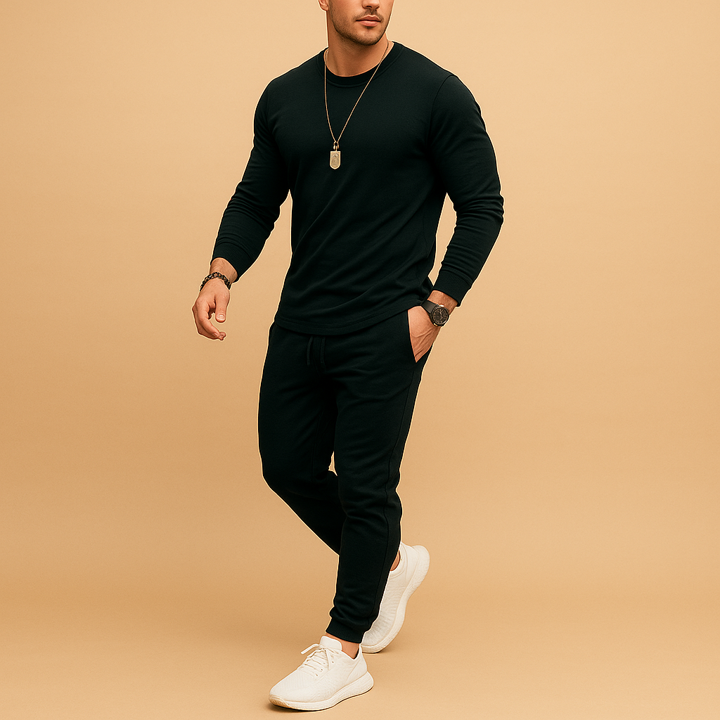 Modern slim fit tracksuit for men with sweatshirt and jogger pants, perfect for streetwear, casual outings, or relaxing at home.