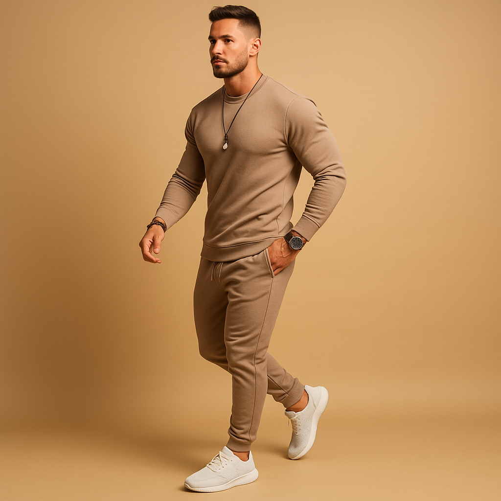 Modern slim fit tracksuit for men with sweatshirt and jogger pants, perfect for streetwear, casual outings, or relaxing at home.