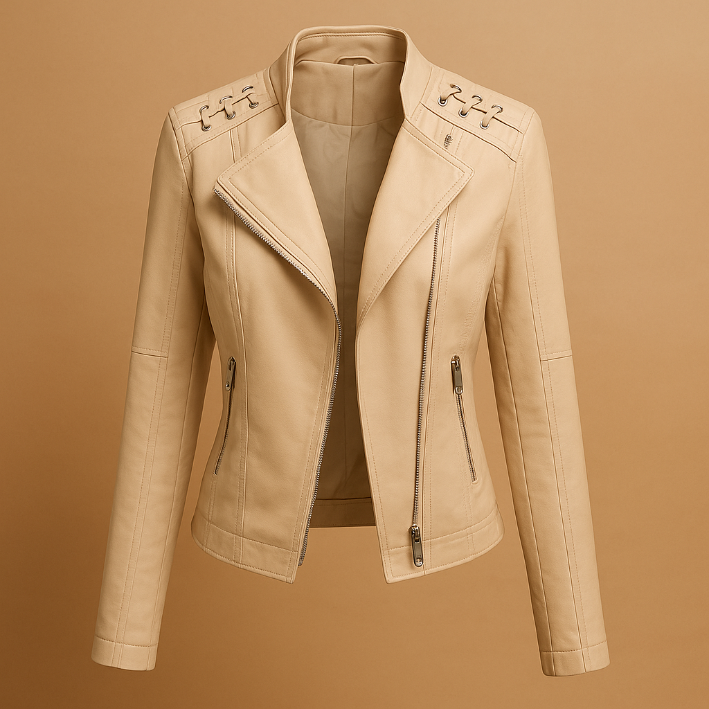 Women’s jacket with stand-up collar, symmetrical zipper, and functional pockets, perfect for spring and autumn styling.