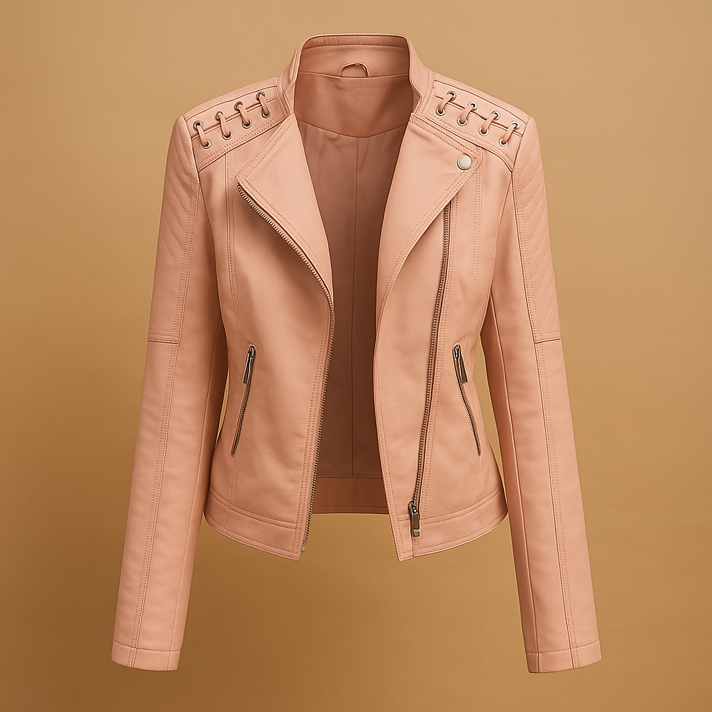 Women’s jacket with stand-up collar, symmetrical zipper, and functional pockets, perfect for spring and autumn styling.