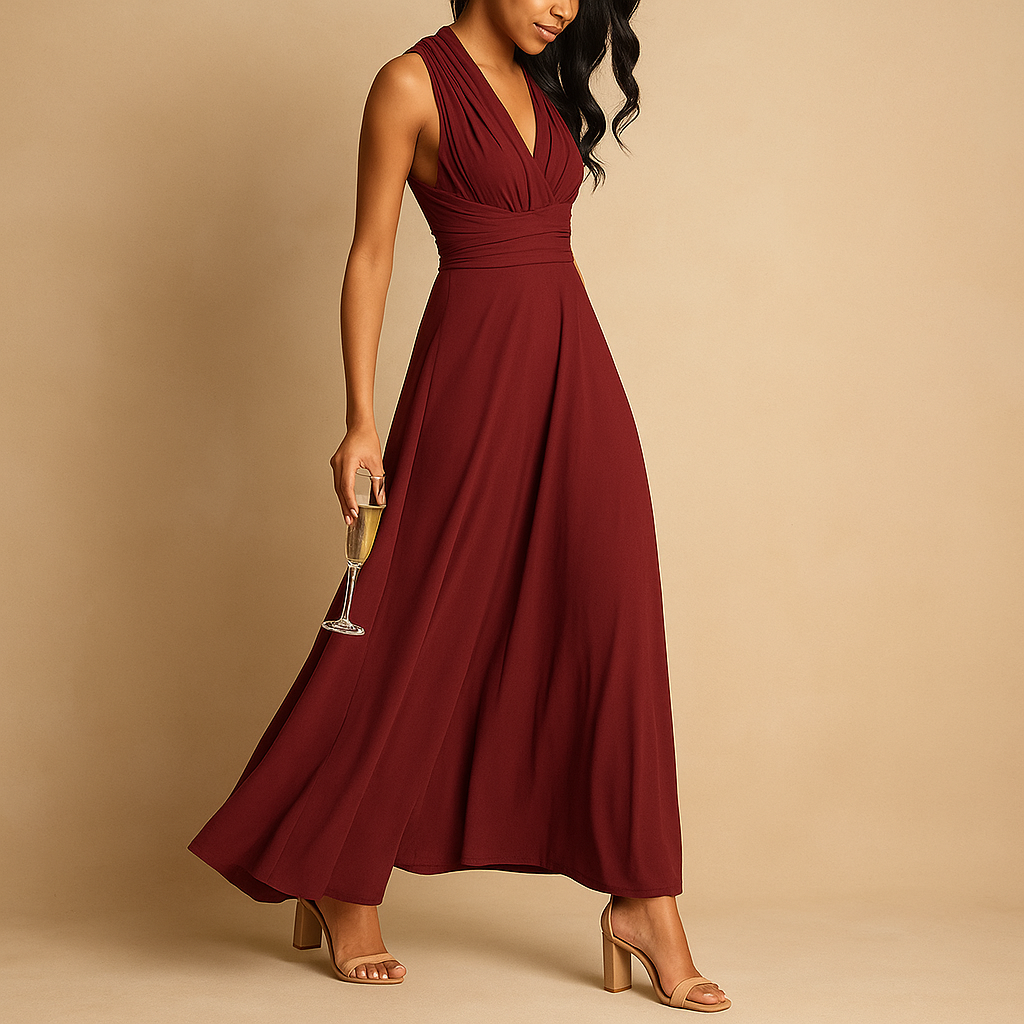 Women’s multiway wrap dress with versatile styling, soft breathable fabric, and flattering fit, available in wine red, black, green, khaki, navy blue, and pink.