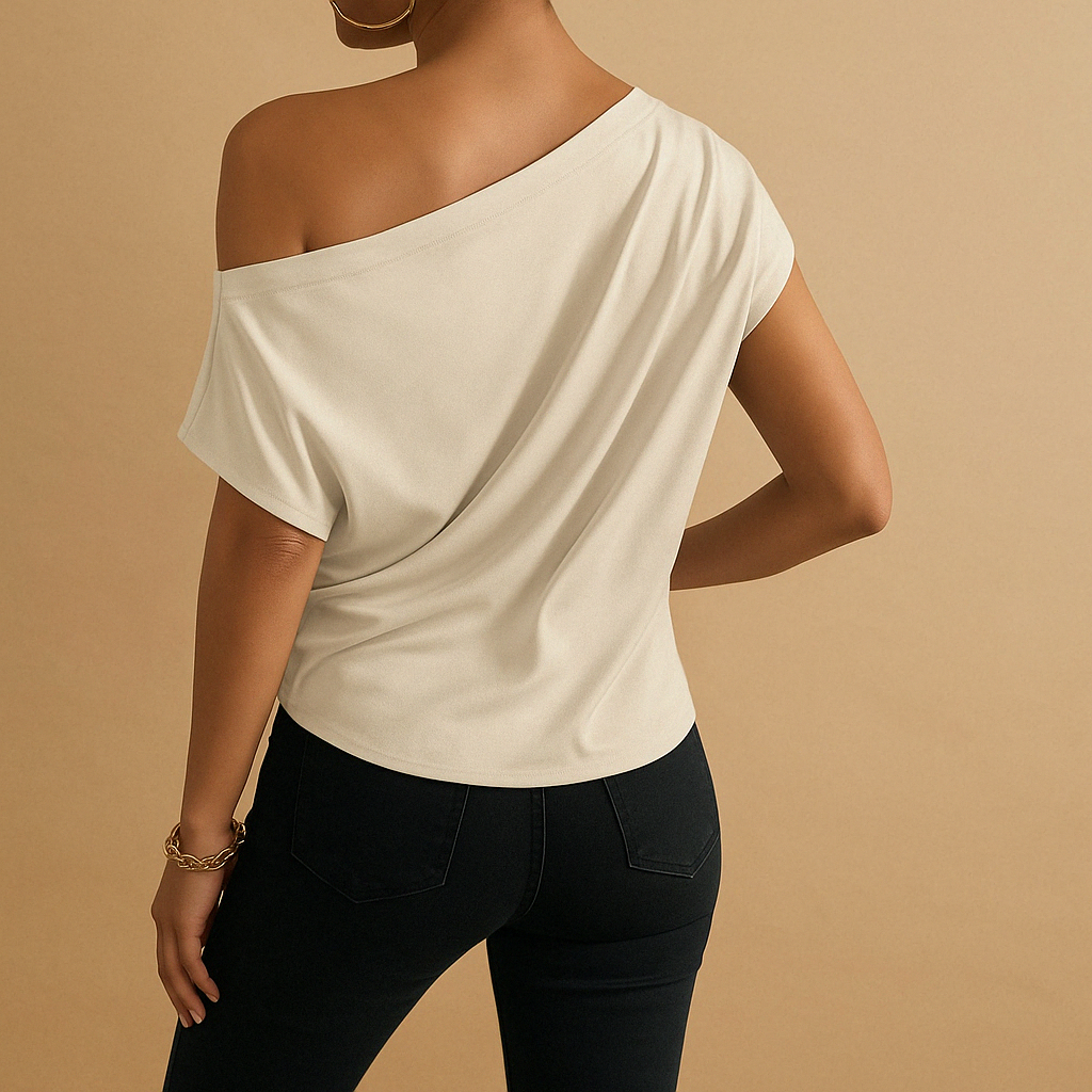 Chic off-shoulder batwing top for women in beige, featuring a relaxed silhouette and airy fabric for casual or elegant summer looks.
