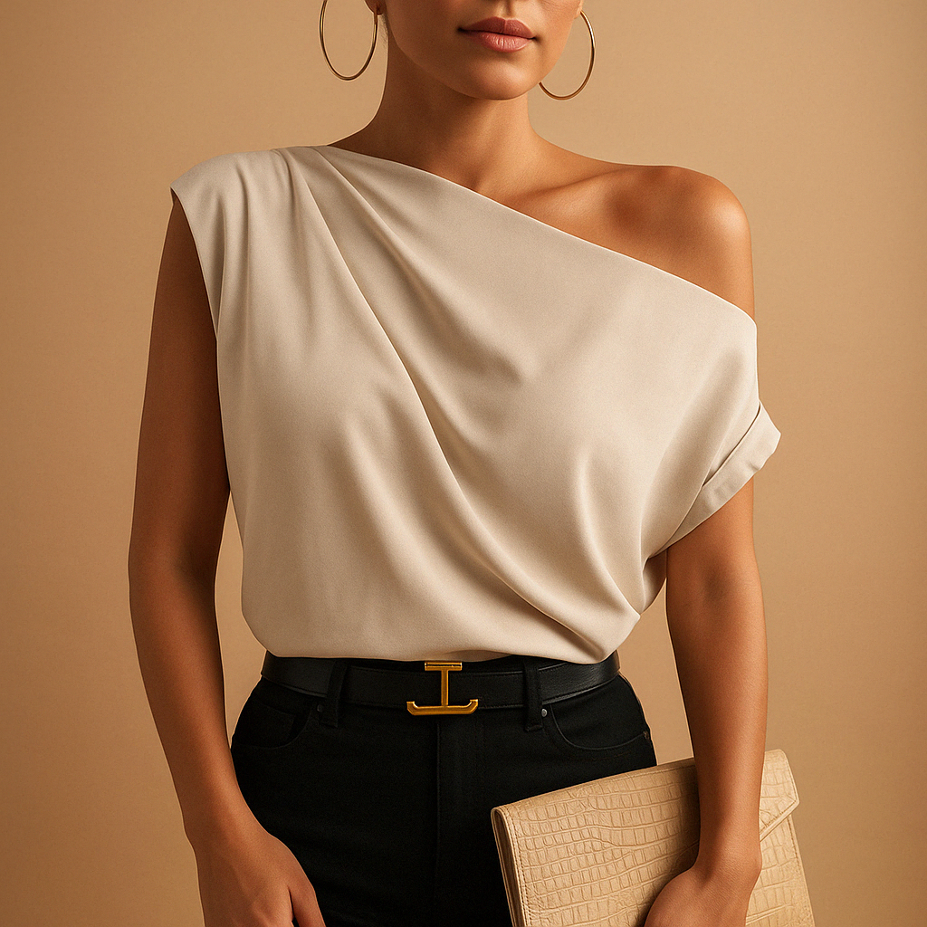 Chic off-shoulder batwing top for women in beige, featuring a relaxed silhouette and airy fabric for casual or elegant summer looks.