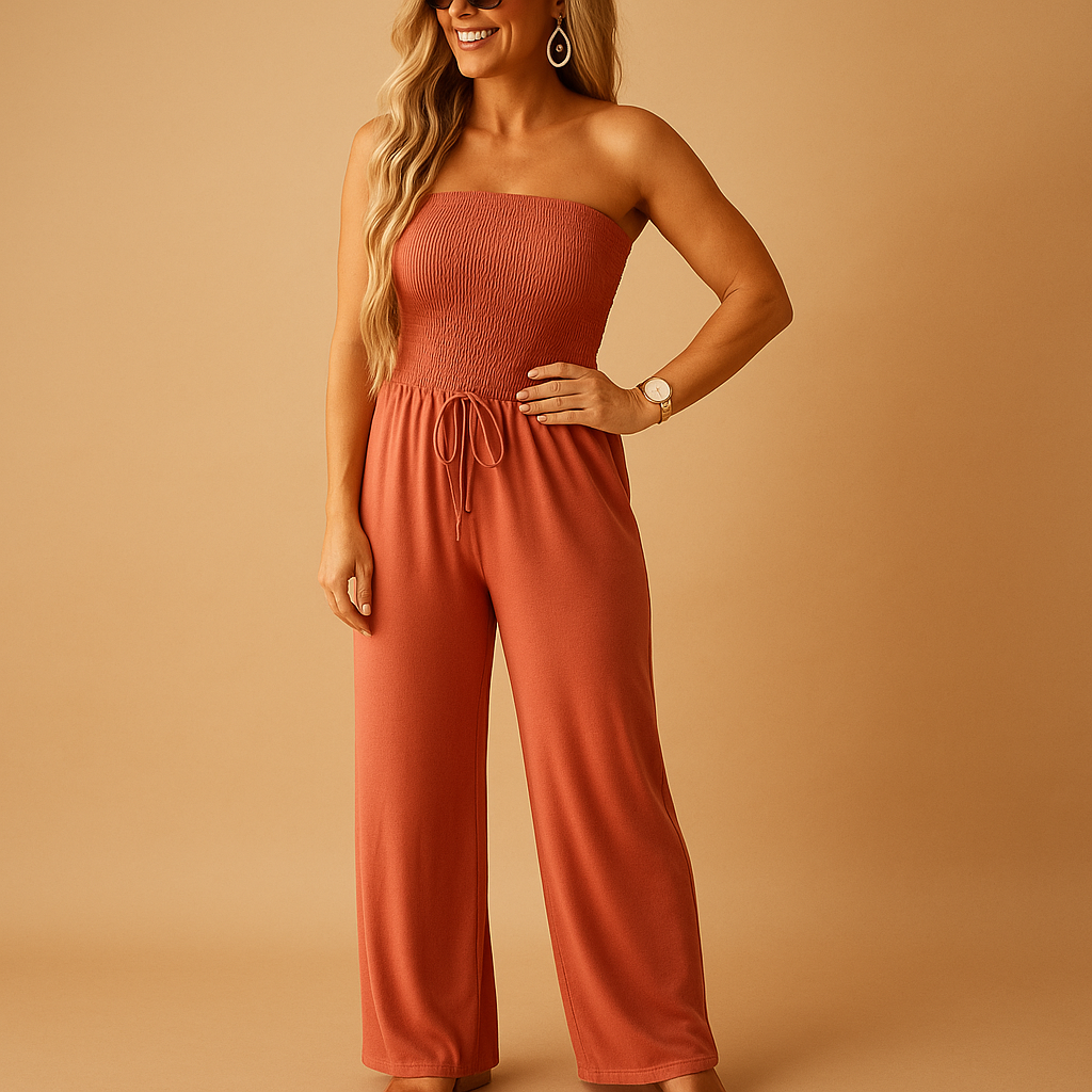 Elegant off-shoulder summer jumpsuit for women in orange, perfect for casual outings, summer parties, and warm sunny days.