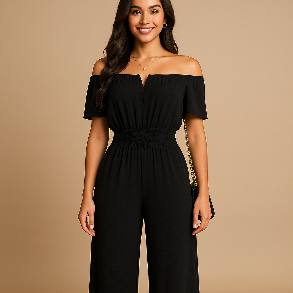 Off-shoulder pleated jumpsuit for women with elastic waist and short sleeves, perfect for summer parties, beach days, and casual outings.