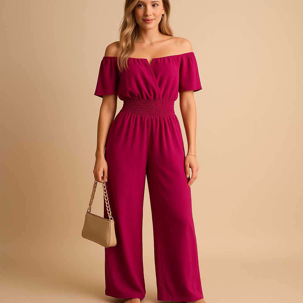Off-shoulder pleated jumpsuit for women with elastic waist and short sleeves, perfect for summer parties, beach days, and casual outings.