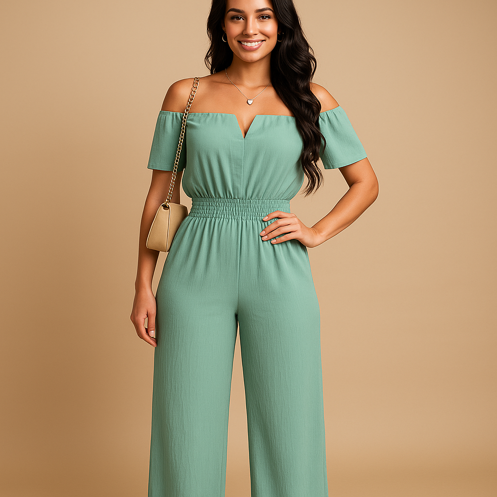 Off-shoulder pleated jumpsuit for women with elastic waist and short sleeves, perfect for summer parties, beach days, and casual outings.