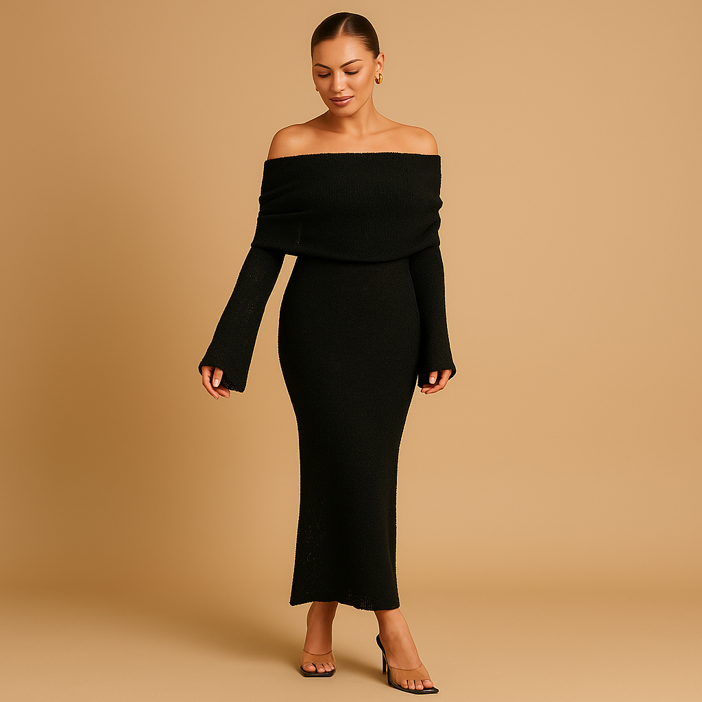 Women’s off-shoulder summer dress in khaki, black, and white. Elegant, lightweight, and perfect for casual outings, holidays, or formal occasions.