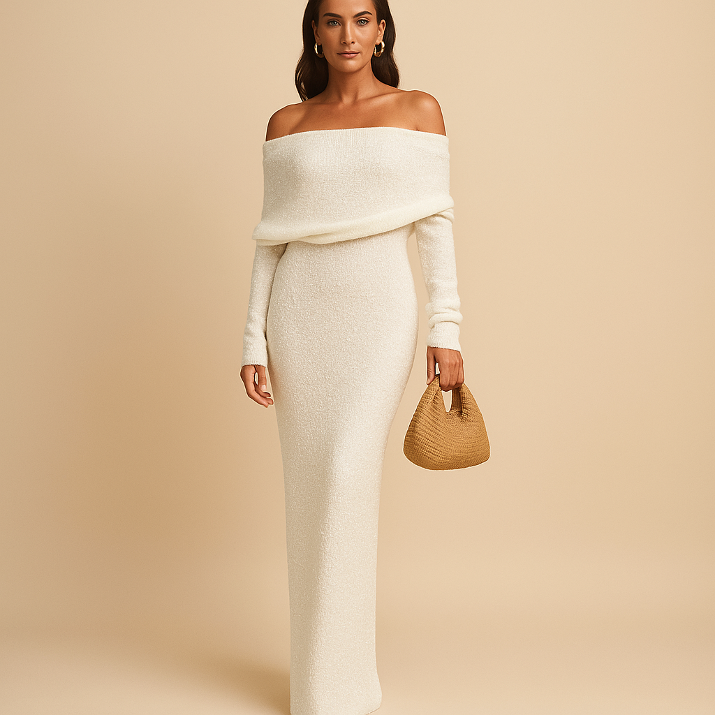Women’s off-shoulder summer dress in khaki, black, and white. Elegant, lightweight, and perfect for casual outings, holidays, or formal occasions.