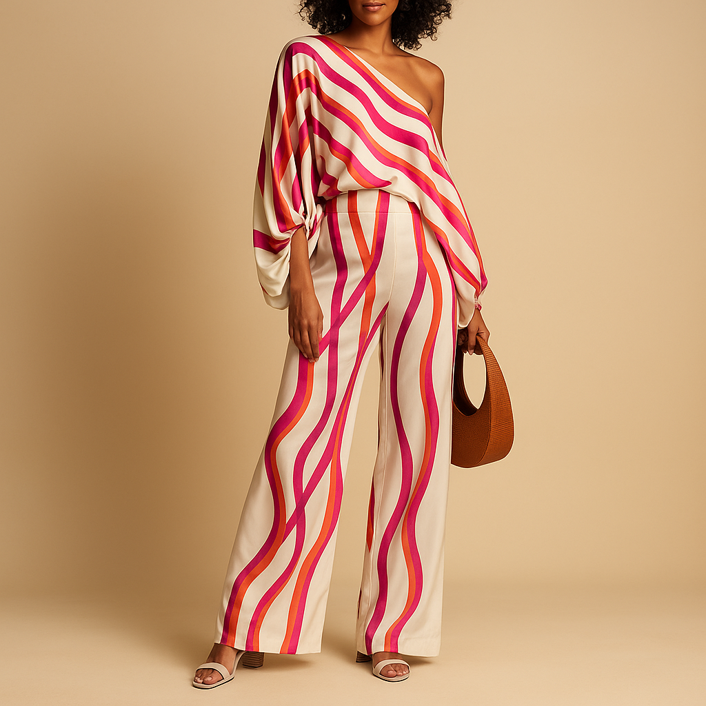 Women’s elegant two-piece summer set with off-shoulder blouse and wide-leg pants, perfect for dinners, vacations, and stylish everyday wear.