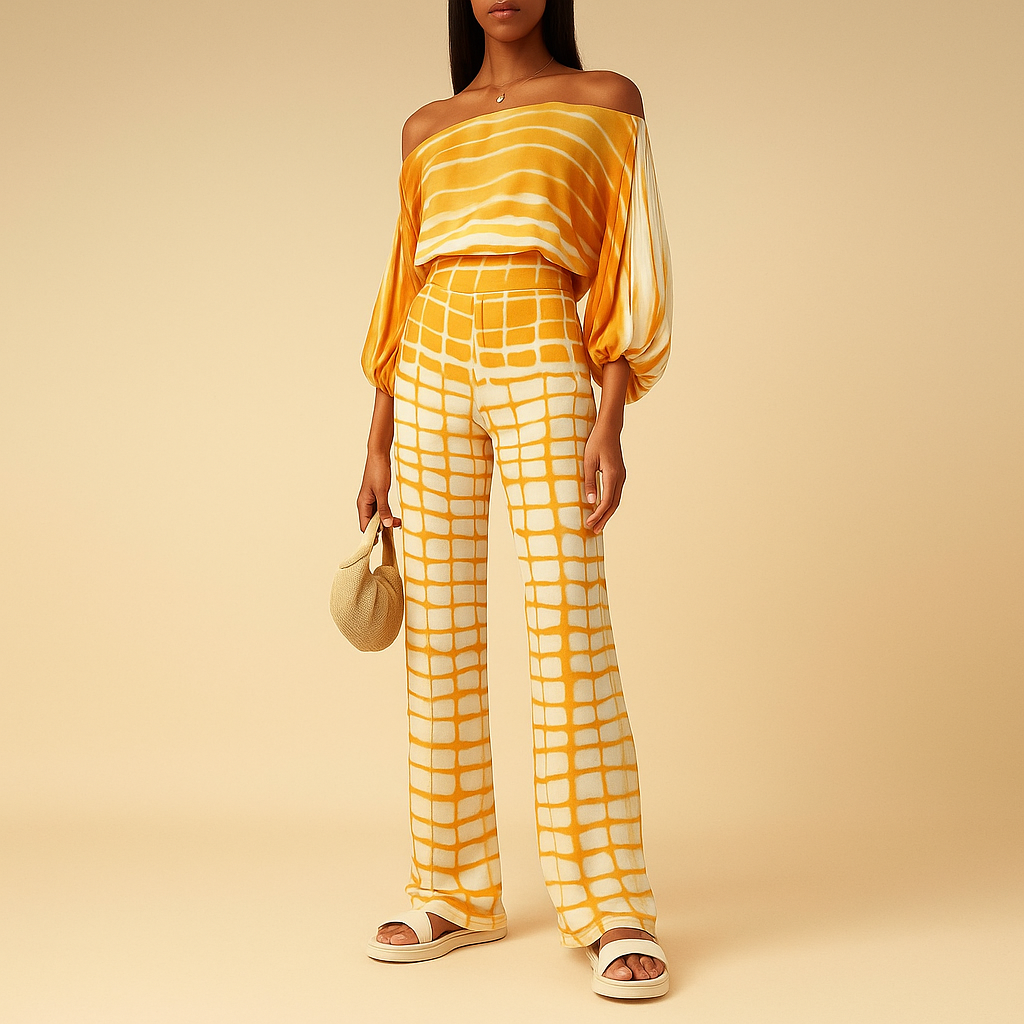 Women’s elegant two-piece summer set with off-shoulder blouse and wide-leg pants, perfect for dinners, vacations, and stylish everyday wear.