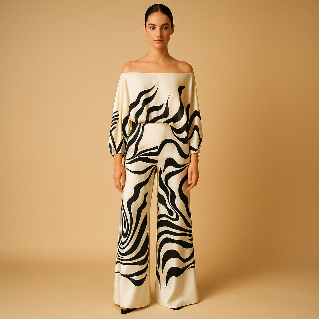 Women’s elegant two-piece summer set with off-shoulder blouse and wide-leg pants, perfect for dinners, vacations, and stylish everyday wear.