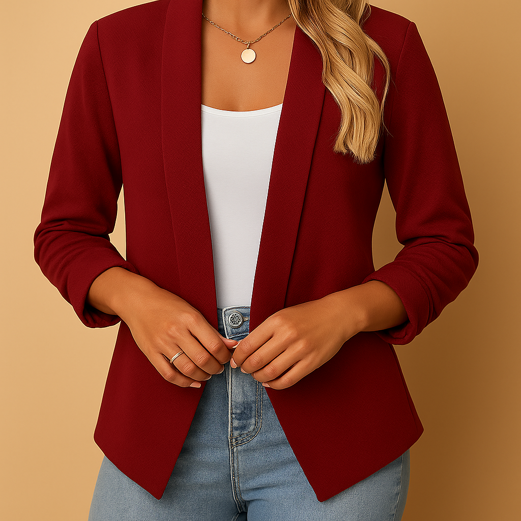 Women’s open-front blazer with a flattering silhouette and timeless design, ideal for work, business meetings or stylish casual outfits.