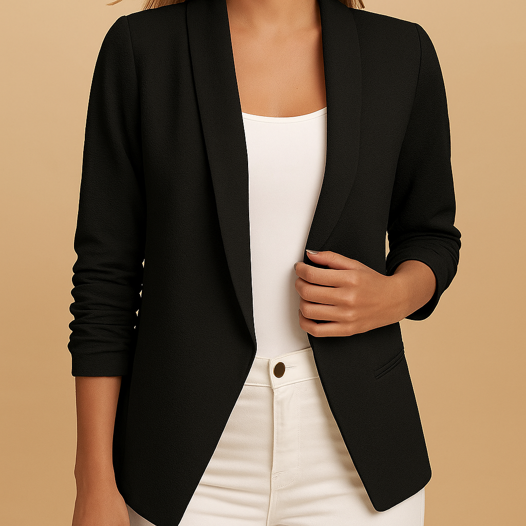 Women’s open-front blazer with a flattering silhouette and timeless design, ideal for work, business meetings or stylish casual outfits.