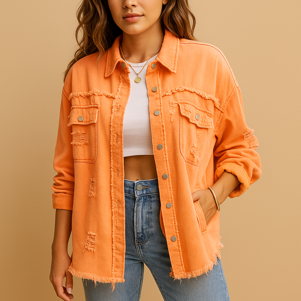 Oversized destroyed denim jacket for women with long sleeves and relaxed fit, perfect for casual outfits and city looks.