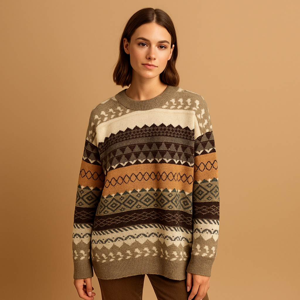 Women’s oversized knitted sweater in gray and khaki with soft knit fabric and relaxed feminine fit, perfect for casual or cozy wear.