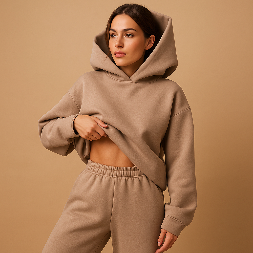 Women’s oversized hoodie and jogger loungewear set in soft fabric, perfect for lounging, casual wear, or cozy evenings at home.