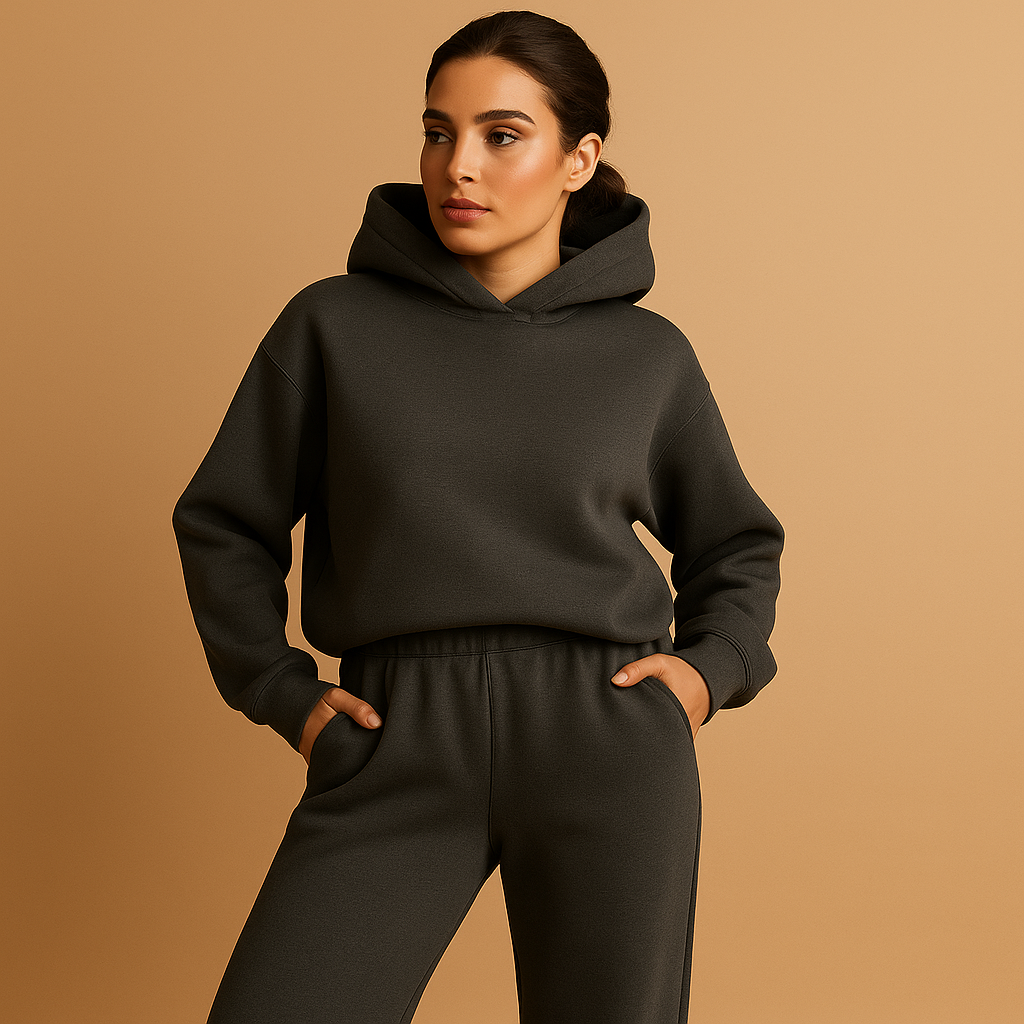 Women’s oversized hoodie and jogger loungewear set in soft fabric, perfect for lounging, casual wear, or cozy evenings at home.