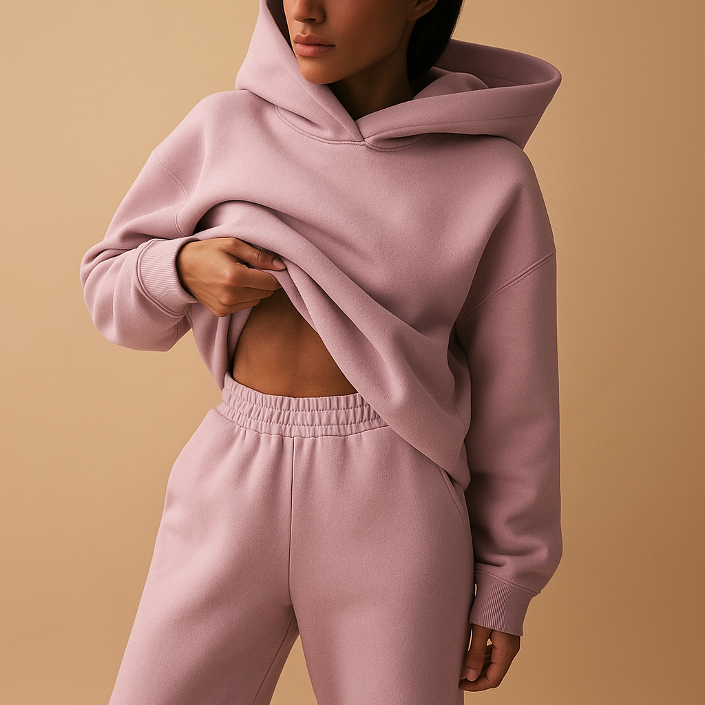 Women’s oversized hoodie and jogger loungewear set in soft fabric, perfect for lounging, casual wear, or cozy evenings at home.