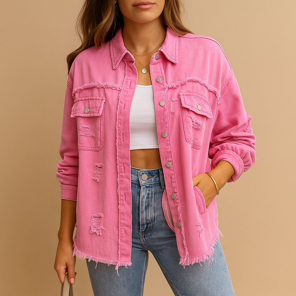 Oversized vintage denim jacket for women with distressed details, relaxed fit, and long sleeves, perfect for casual outfits and all-season styling.