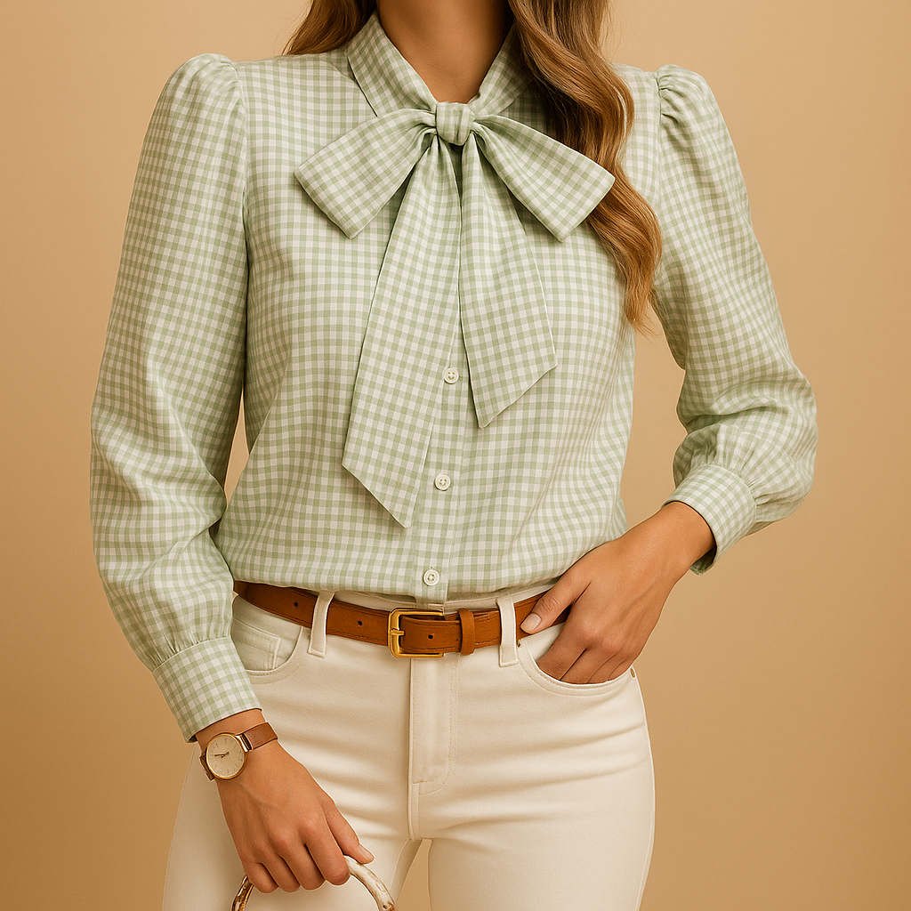 Plaid bow blouse for women featuring elegant tie-neck detail and soft breathable fabric, perfect for work, brunch, or casual days out.