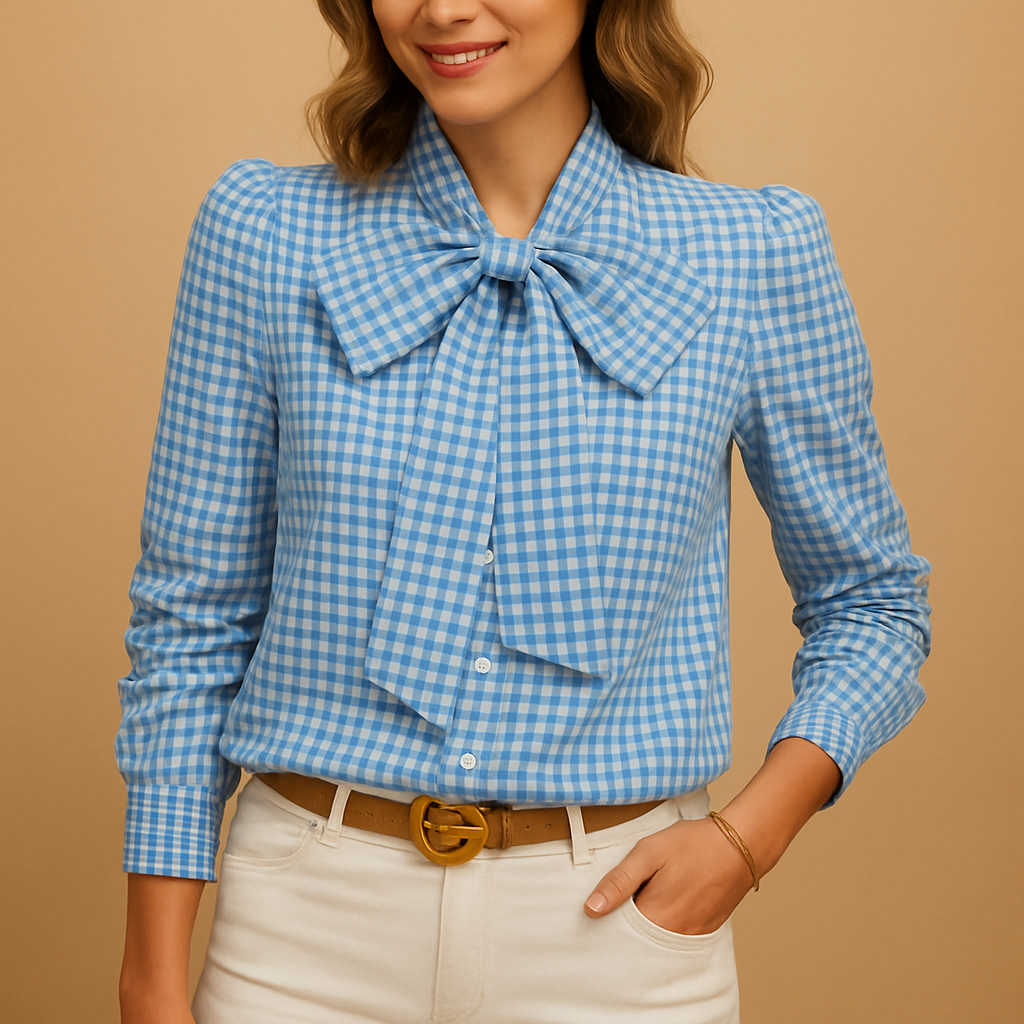 Plaid bow blouse for women featuring elegant tie-neck detail and soft breathable fabric, perfect for work, brunch, or casual days out.