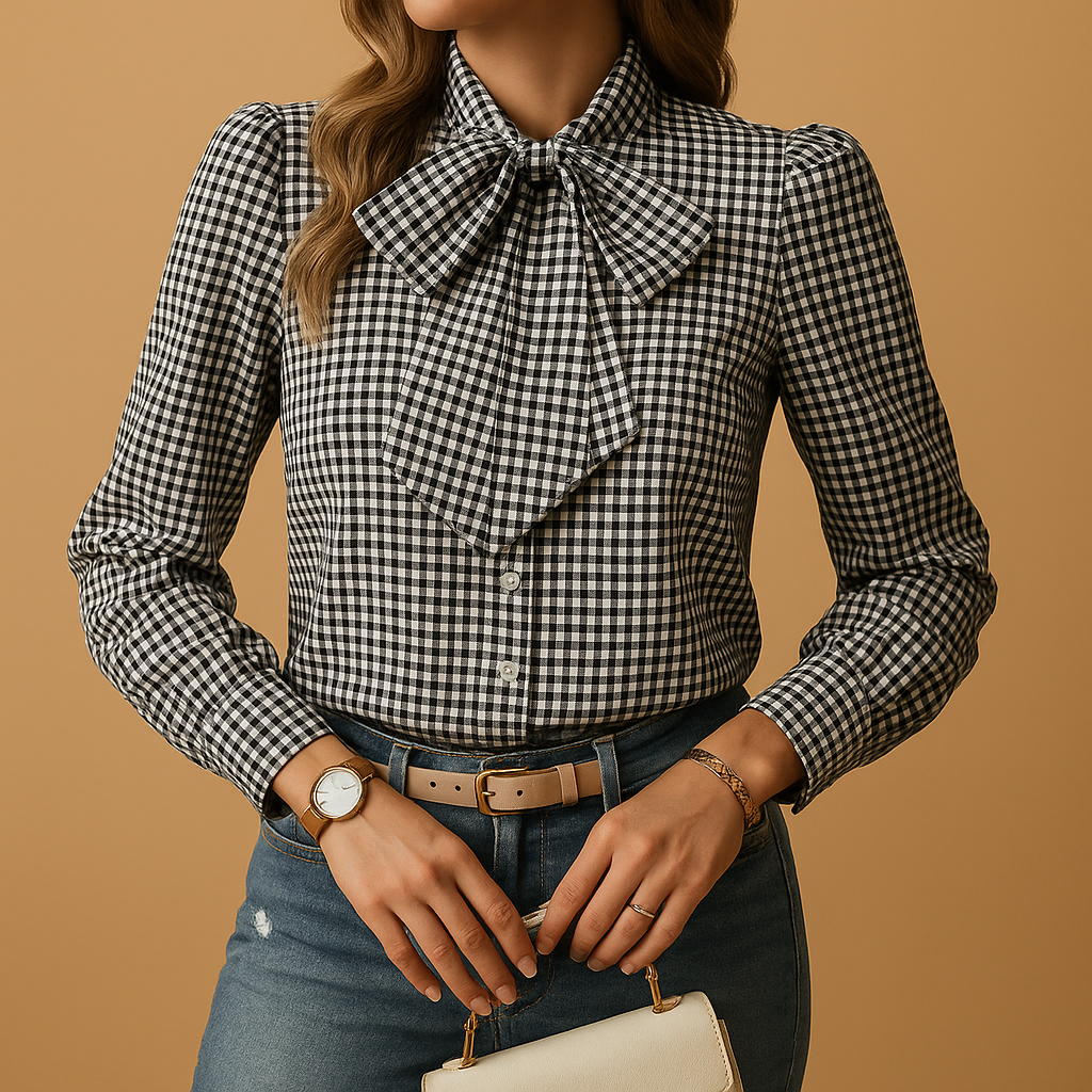 Plaid bow blouse for women featuring elegant tie-neck detail and soft breathable fabric, perfect for work, brunch, or casual days out.