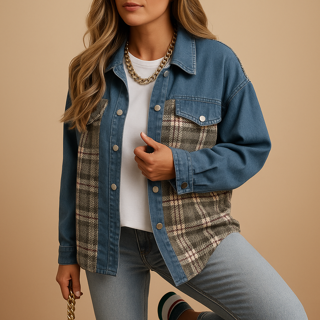 Women’s plaid denim-look jacket in red, black, or beige. Relaxed fit with long sleeves, soft skin-friendly fabric, perfect for layering in any season.