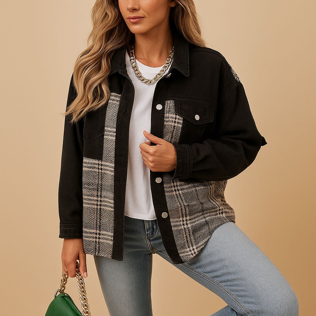 Women’s plaid denim-look jacket in red, black, or beige. Relaxed fit with long sleeves, soft skin-friendly fabric, perfect for layering in any season.