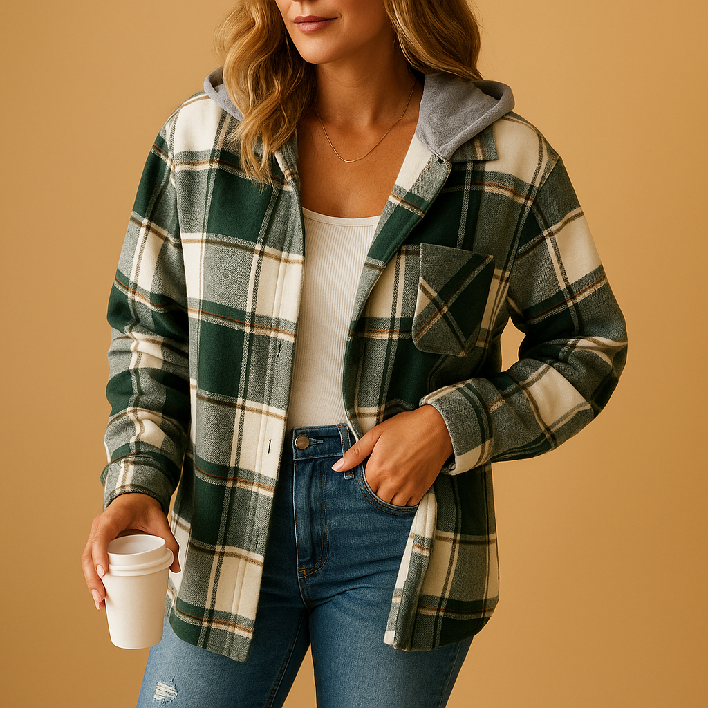 Plaid hooded coat for women in green with soft cotton-blend fabric, perfect for autumn and winter outfits.