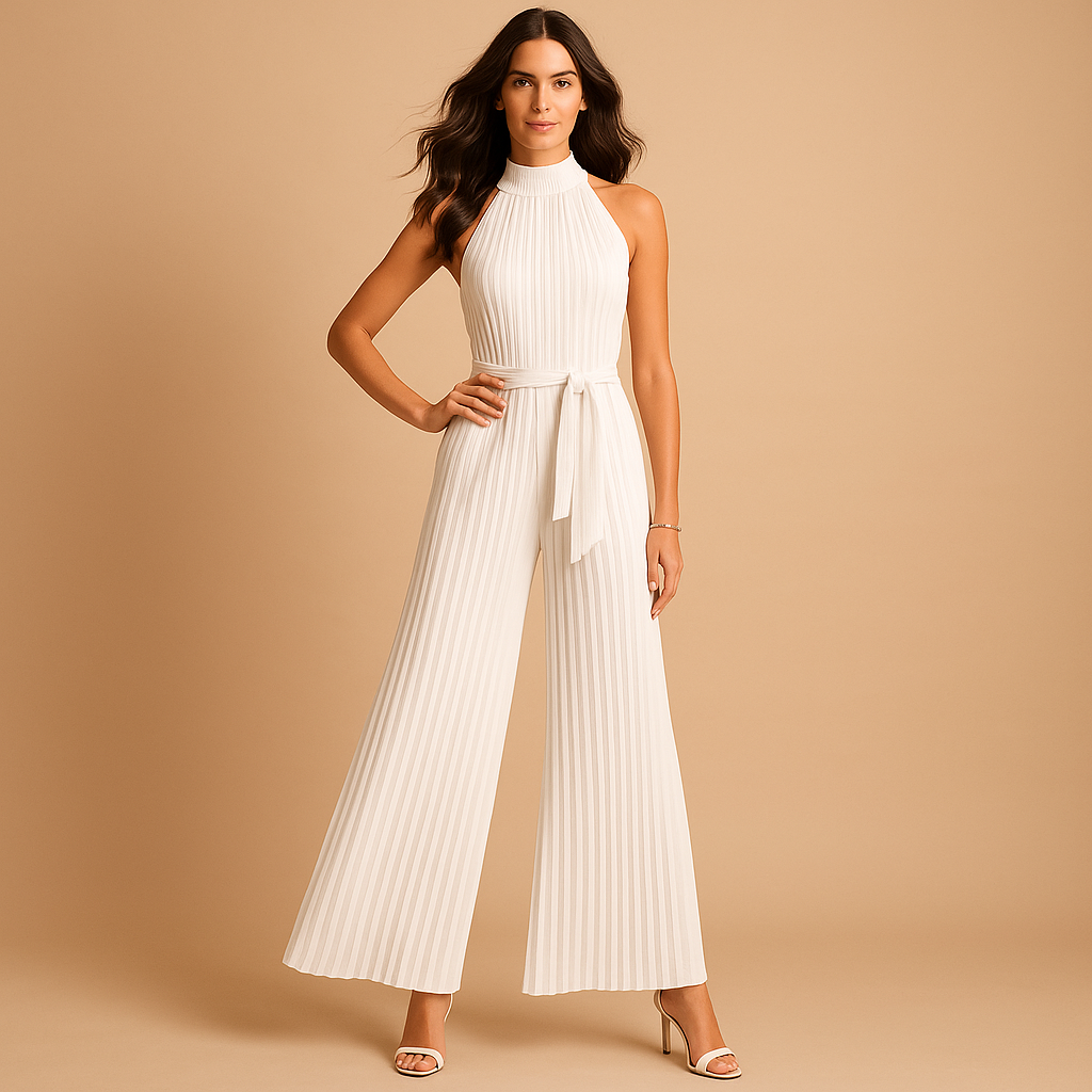 Elegant pleated high-neck jumpsuit for women with wide legs and matching belt, ideal for formal events and stylish daytime occasions.