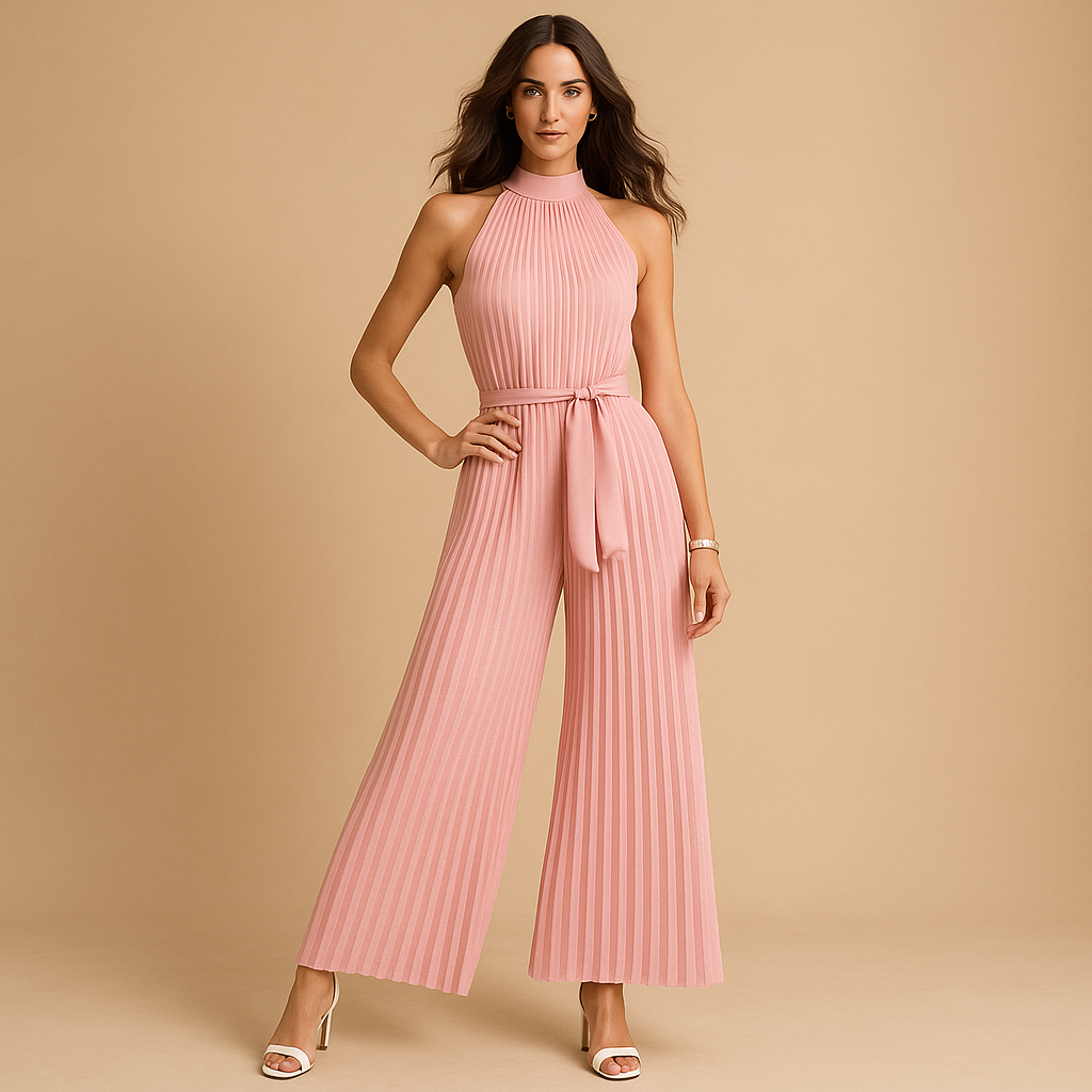 Elegant pleated high-neck jumpsuit for women with wide legs and matching belt, ideal for formal events and stylish daytime occasions.