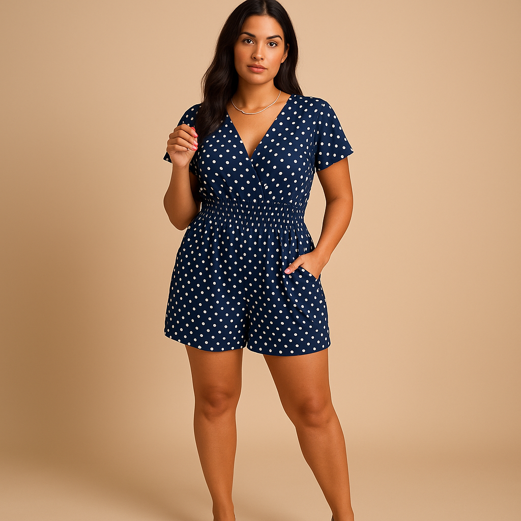 Polkadot summer jumpsuit for women with breathable fabric and practical pockets, perfect for casual outings and sunny days.