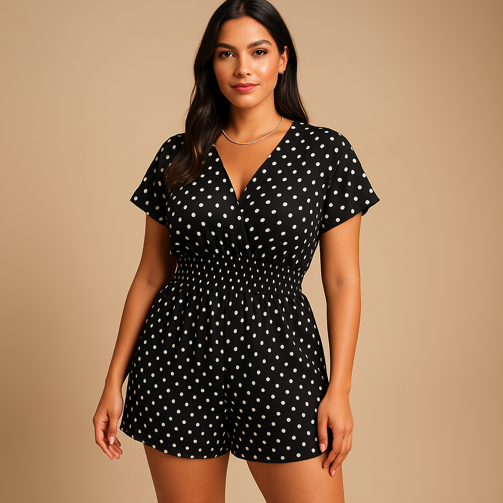 Polkadot summer jumpsuit for women with breathable fabric and practical pockets, perfect for casual outings and sunny days.