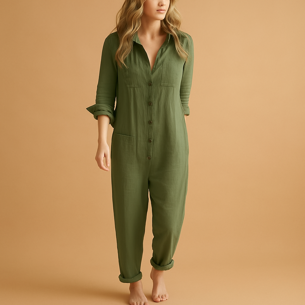Polo-style tailored jumpsuit for women with a fitted waist and elegant collar, perfect for work, casual events, and daily sophistication.