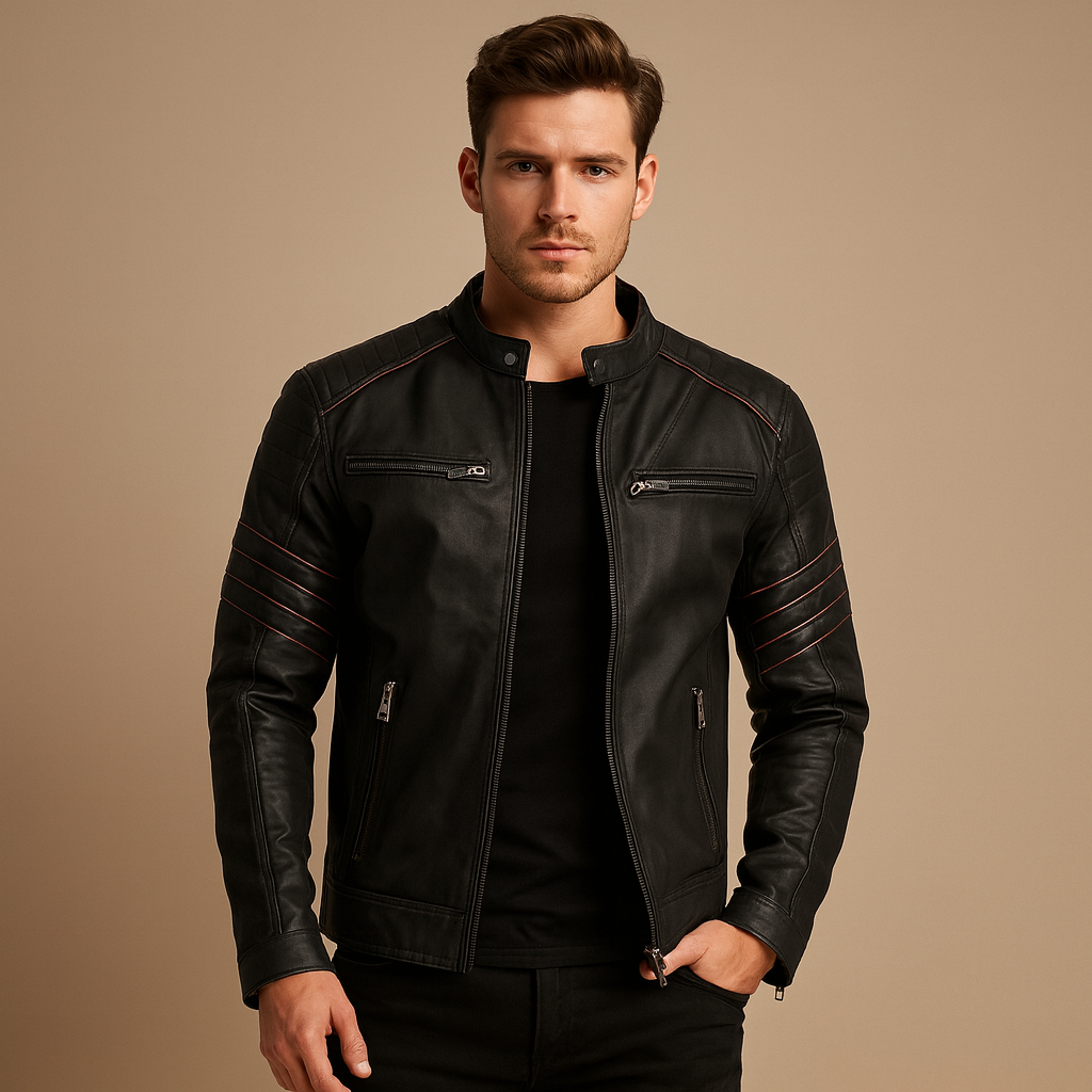 Men’s premium biker jacket with durable weather-resistant material and timeless design, ideal for rides and casual wear.