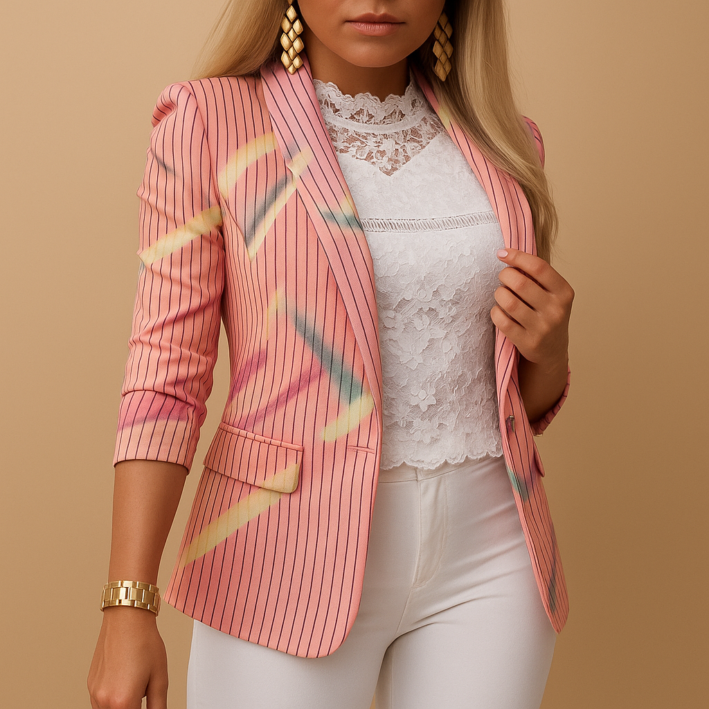 Women’s printed blazer with shawl collar and tailored fit, ideal for work, dinners and casual chic occasions.