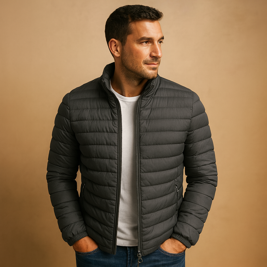 Men’s puffer jacket with hood, designed for warmth and comfort during cold winter days and outdoor activities.