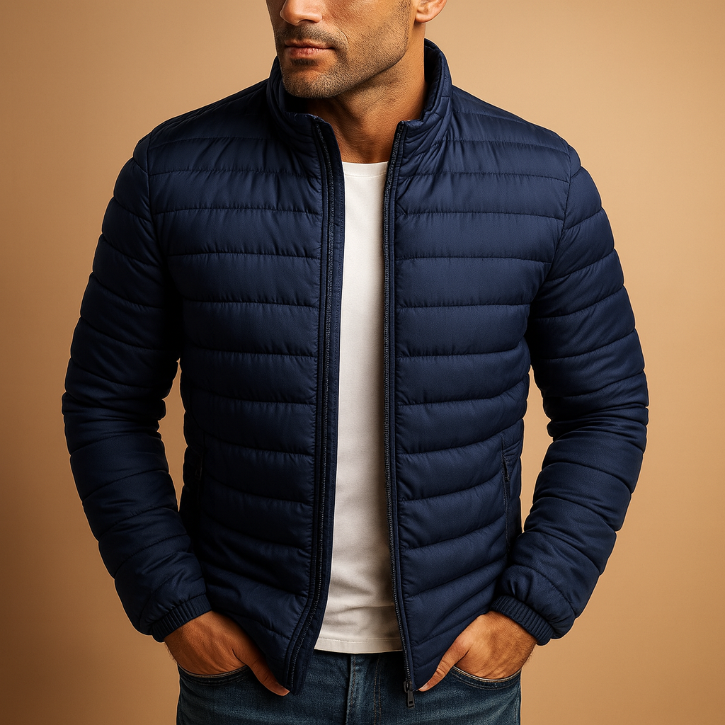 Men’s puffer jacket with hood, designed for warmth and comfort during cold winter days and outdoor activities.