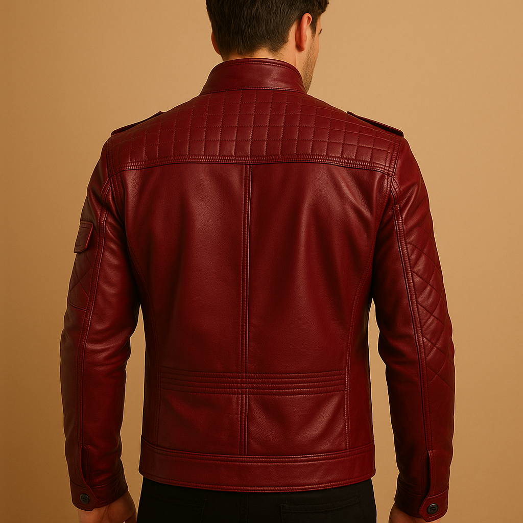 Men’s quilted leather jacket with stand-up collar and zip pockets, offering a timeless and luxurious look for any occasion.