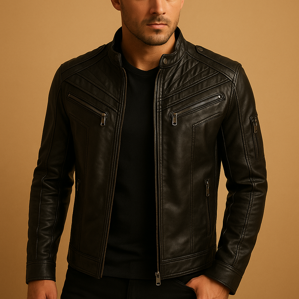 Men’s quilted leather jacket with stand-up collar and zip pockets, offering a timeless and luxurious look for any occasion.